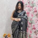 Ajrakh Handwork Modal Silk Saree – Deep Maroon & Charcoal Border