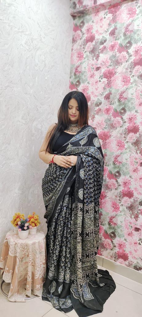 Ajrakh Handwork Modal Silk Saree – Deep Maroon & Charcoal Border