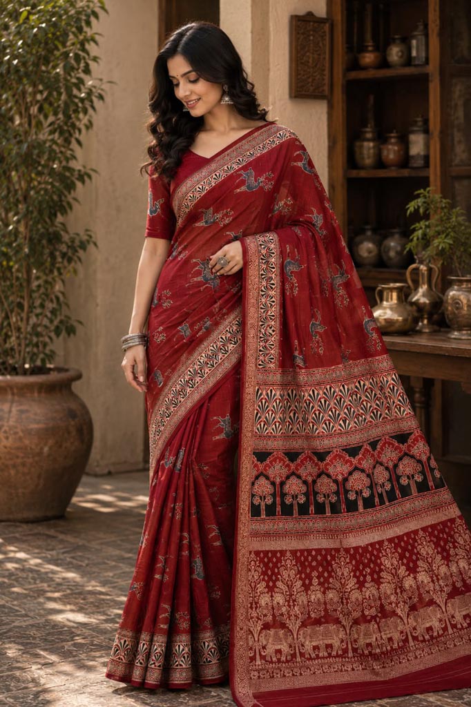 Handblock Ajrakh Cotton Saree