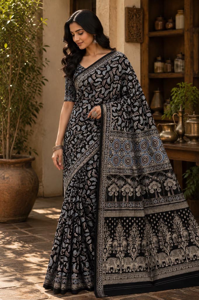 Ajrakh Handblock Print Saree