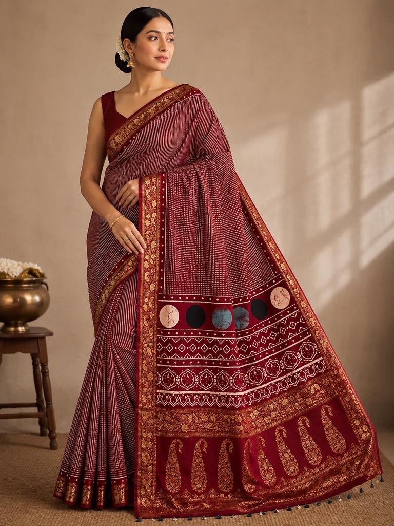 Handblock Ajrakh Cotton Saree