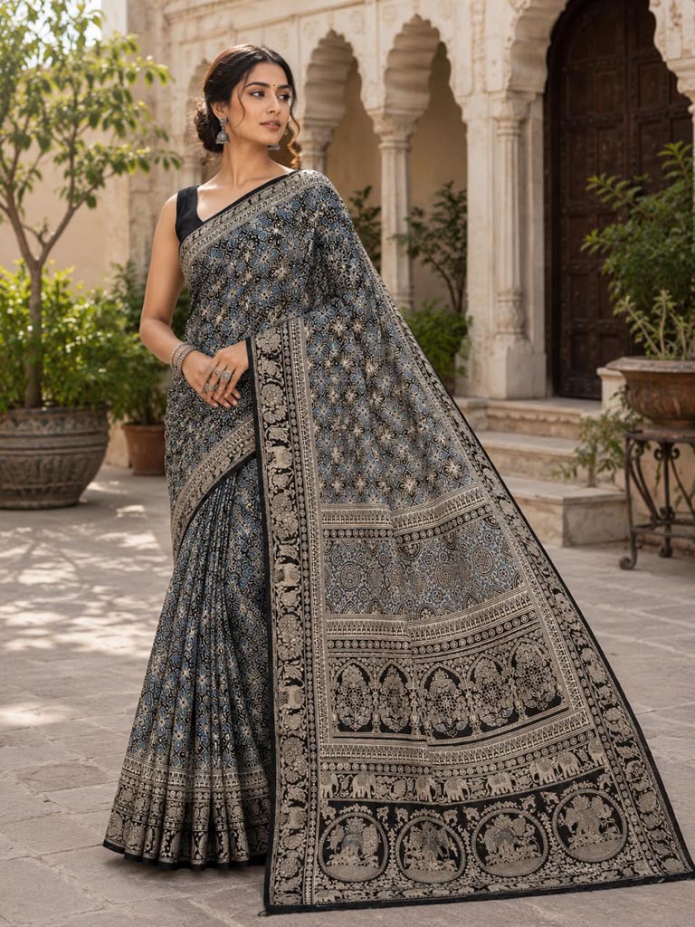 Ajrakh Handblock Print Saree