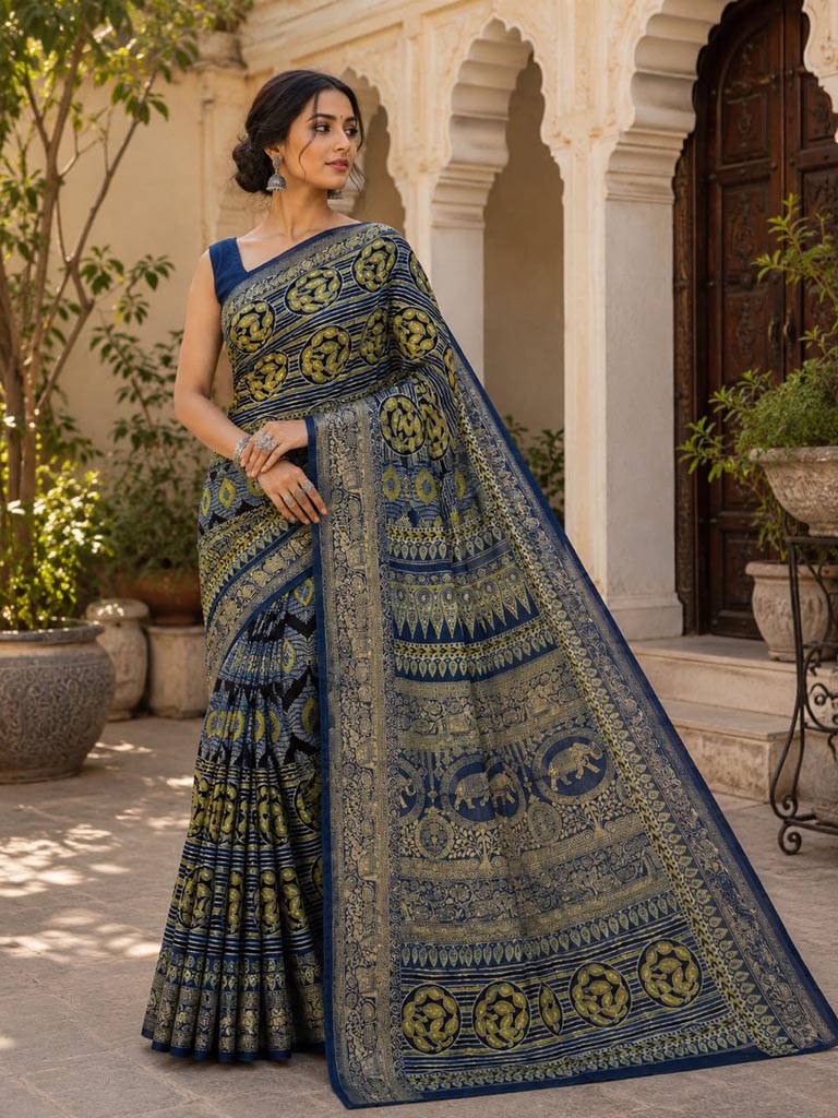 Ajrakh Handblock Print Saree