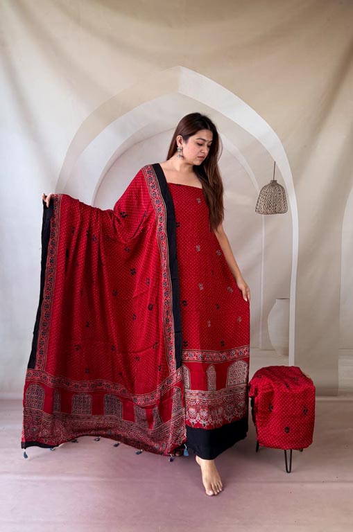 silk ajrakh hand block print suit piece